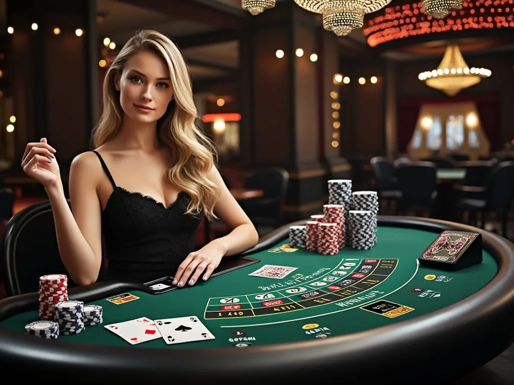 Tampilan meja kasino live dengan dealer dan area permainan